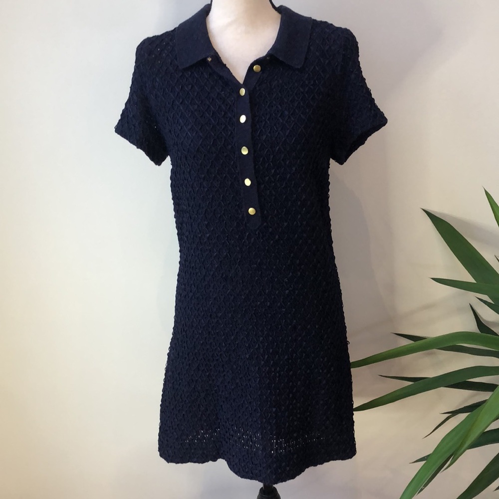 Anthro Moth Navy Knit Dress with Gold Buttons